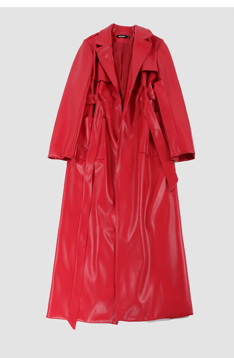 Nerazzurri Spring Autumn Long Red Soft Pu Leather Trench Coat for Women Pockets Sashes Luxury Elegant Chic Stylish Overcoat 2023
