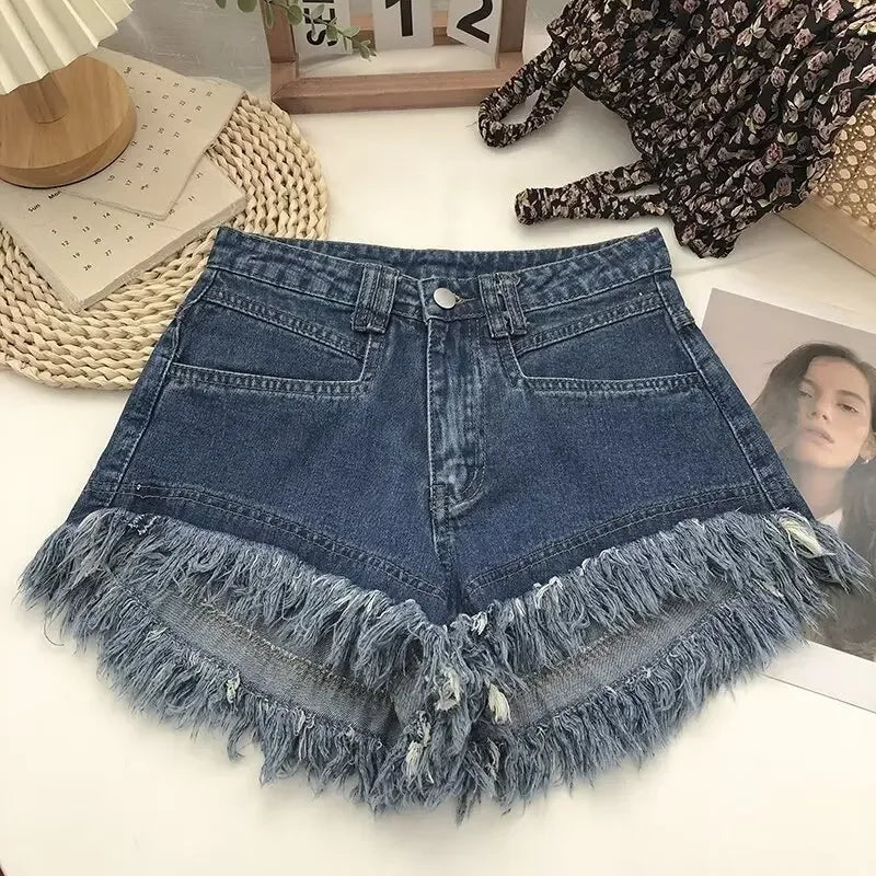 Pink Reddened Fringed Denim Shorts Women's Summer New Niche Slimming High-Waisted Spicy Girl A- Line Wide Leg Heat Pants