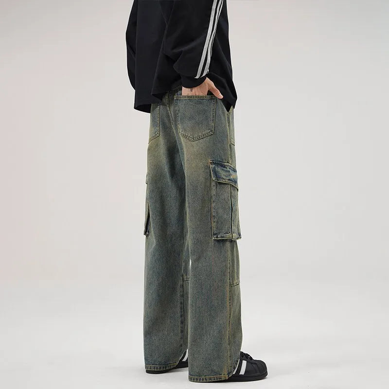 American Retro Street Multi-Pocket Patchwork Work Pants Loose Straight Leg Jeans for Men And Women Vibe Style Long Trousers