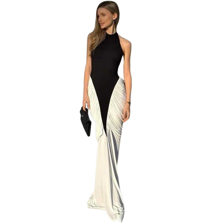 Nibber Backless Folds Maxi Dress Women Black White Patchwork Peach Butt Halter Slit Summer Trend Temperament Clubwear Vestidos