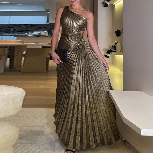 Women's Dresses Sexy Symmetrical Hollow Pleats Long Dress Ladies Fashion Slanted Neck High Waist Party Dress Elegant Solid Dress