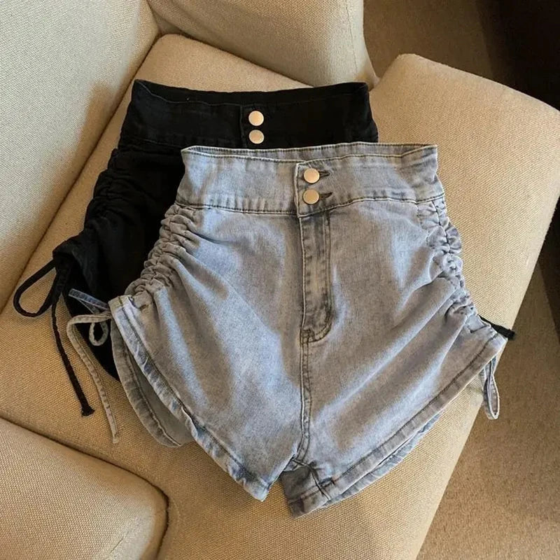 Zoki Sexy Shirring Slim Denim Shorts Women Fashion Korean High Waist Casual Shorts Summer Button All Match Harajuku Shorts New
