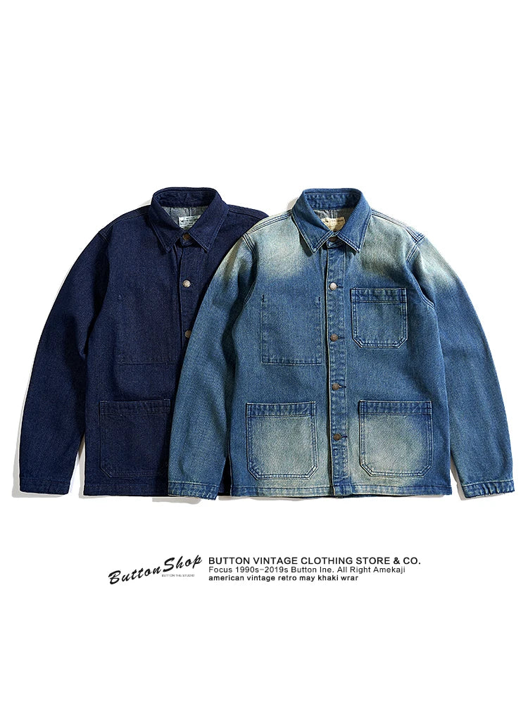 American Retro Thickened Heavyweight Men's Denim Jacket Casual Autumn Winter Workwear Outerwear Standard Fit Multi-Pocket Washed