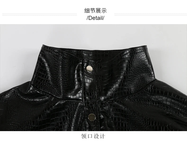 Mauroicardi Spring Autumn Short Black Brown Crocodile Print Faux Leather Jacket Women Stand Collar Button Up Luxury Clothes 2025