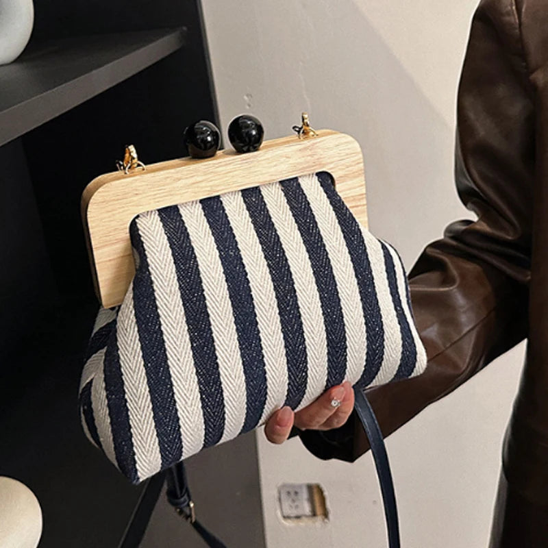 New Black Stripe Canvas Wooden Clip Bag Women Bag Fashion Shoulder Bag Crossbody Bag