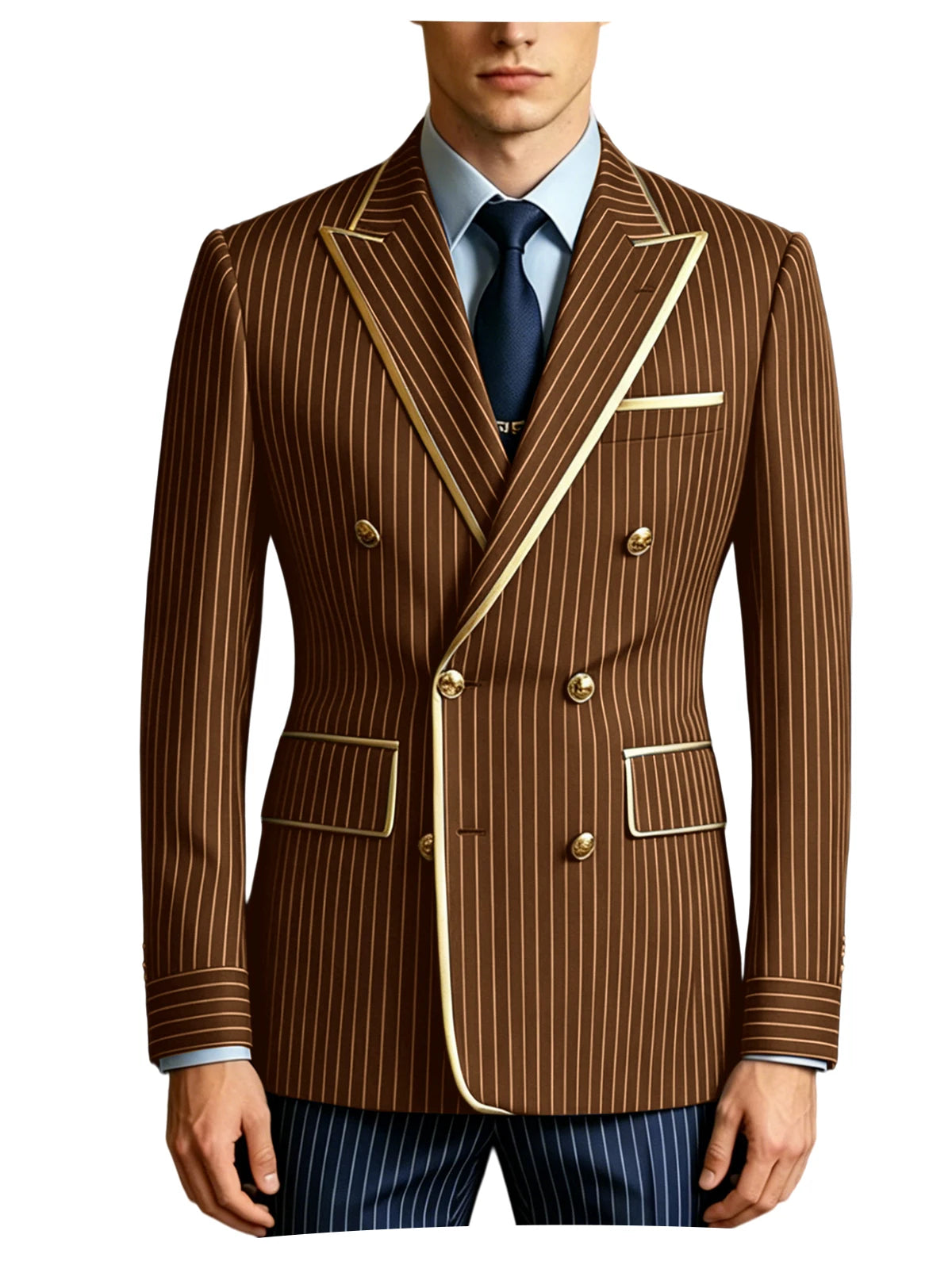 Men's Double Breasted Pinstripe Blazer Slim Fit Formal Business Suit Jacket Luxury Gold Trim  Tuxedo for Wedding Party Office