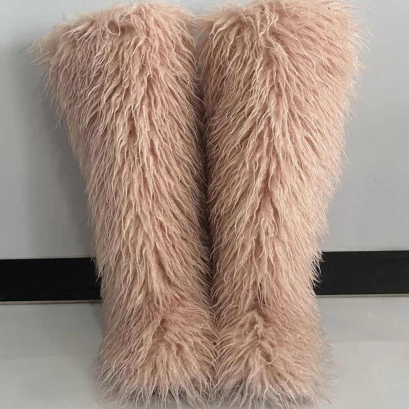 New Over The Knee Fur Boots Women Warm 72CM Long Faux Mongolian Fur Snow Boots Winter Luxury Fluffy Shoes Plush Platform Shoes