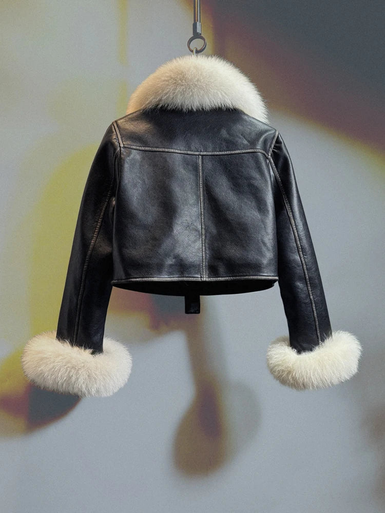 Temperament Black Leather Jacket Women 2026 Winter Real Fox Fur Short High Waist PU Leather Coat Slim-Fitting Coats
