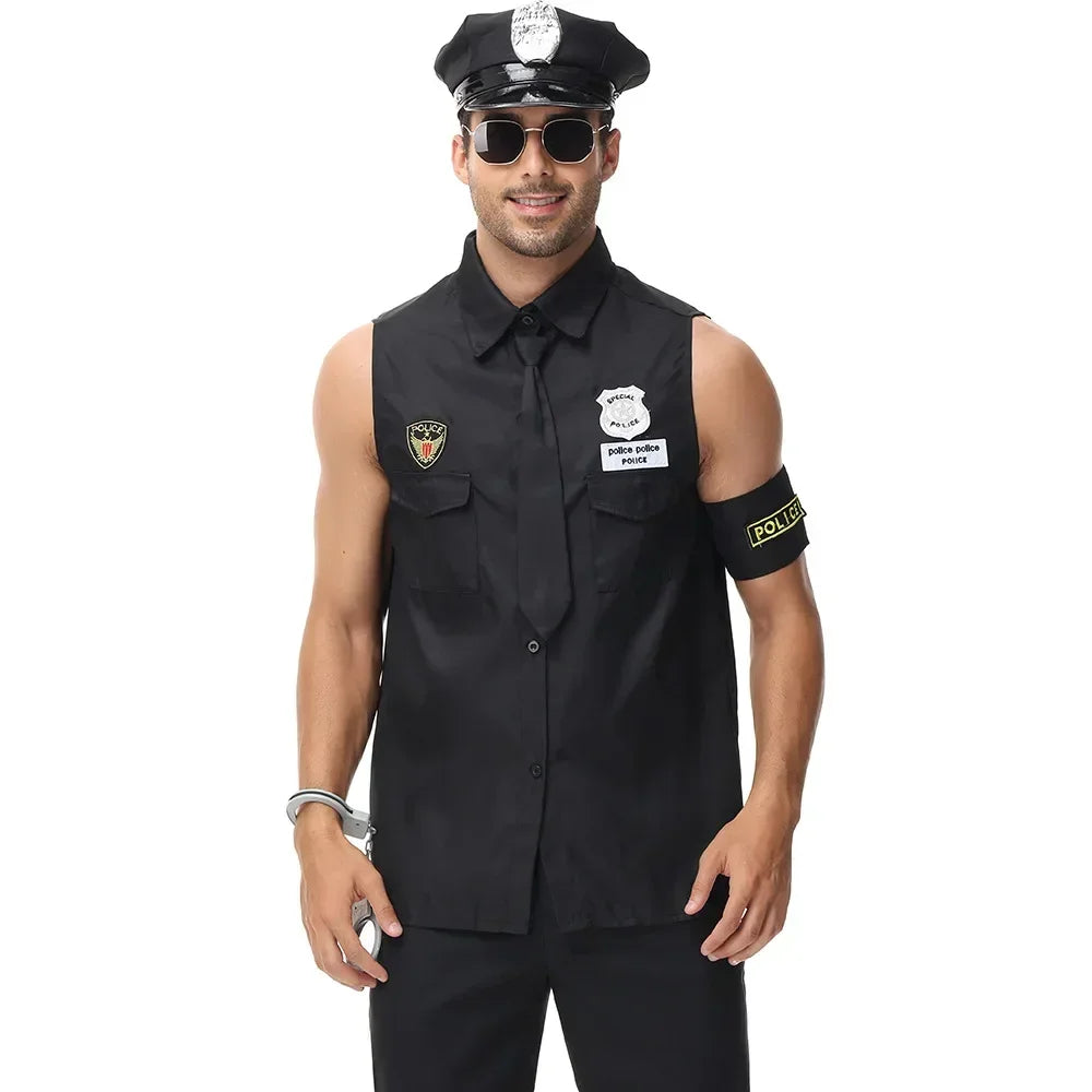 Adult Man America U.S. Police Costume Top Shirt Men Cop Cosplay Halloween Clothing Set