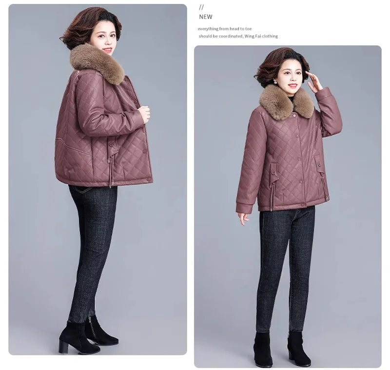 High End Middle Aged Women's Leather Jacket Winter New Thicken Warm Big Fur Collar Faux PU Leather Coat Female Outerwear 5XL