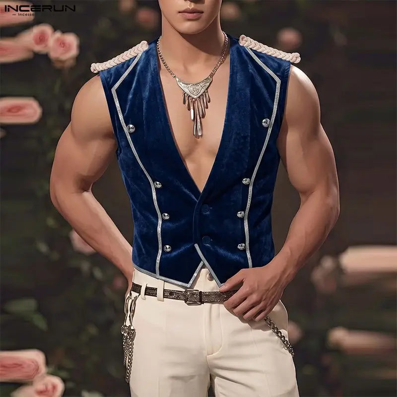 INCERUN Men's Vests Velour Patchwork Lapel Sleeveless Button Male Waistcoats Elegant Streetwear Fashion Casual Vests For Man