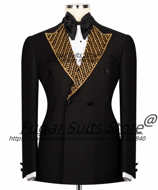Gorgeous Diamond Peak Lapel Men Suits Customized Slim Fit Double Breasted Groom Wedding Tuxedos 2 Pieces Sets Male Prom Blazers