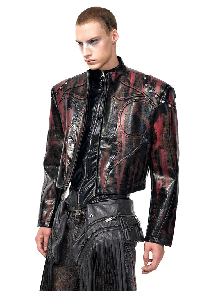 Mauroicardi Spring Autumn Short Pu Leather Motorcycle Jacket Men Rivet Zipper Shoulder Pads Luxury Designer Streetwear Clothing