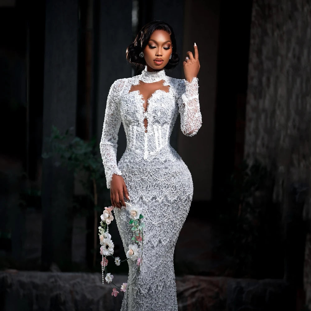 Luxury Mermaid Wedding Dresses for Africa Bride Long Sleeves Sweep Train Lace Pearls Sequined Bridal Reception Gowns Customized