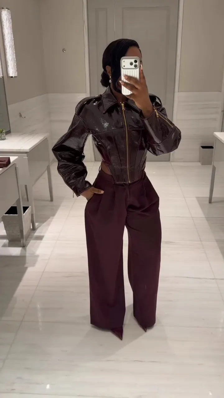 Fashion Coated Cinched-waist Leather Jacket Women Retro Lapel Full Sleeve Zipper Fishbone Coats 2026 Lady Daily Highstreet Coat