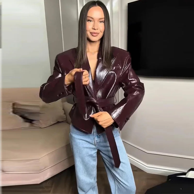 Glossy Lace-up Leather Jackets 2026 Autumn Female Lapel Shoulder Pad Full Sleeve Short Coat Women's Slim Waist-cinching Outwear