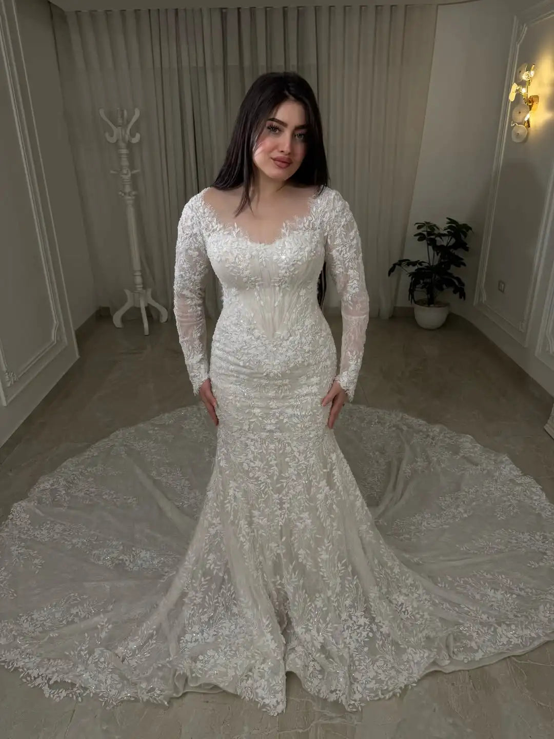 Luxury Long Sleeve Lace Mermaid Wedding Dress Detachable Train, Royal Bridal Gown, Elegant Corset Wedding Dress Vestido De Novia