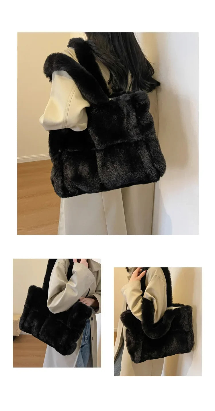 New plush women's handbag, large capacity shoulder bag, suitable for shopping and shopping, winter women's armpit bag