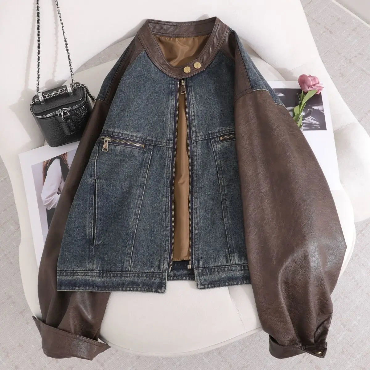 Women American Retro Denim Spliced Leather Jacket Women's 2026 Autumn New Models Are Popular This Year, Small Short Jackets