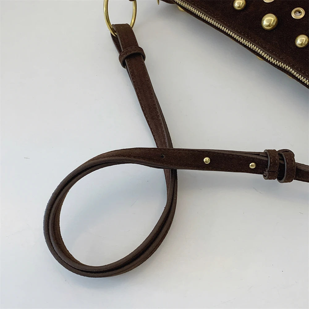 MOODS Branded Half-moon Shoulder Bags For Women Faux Suede Rivets Decor Crossbody Hobo Bags 2025 Latest Designer Handbags Luxury