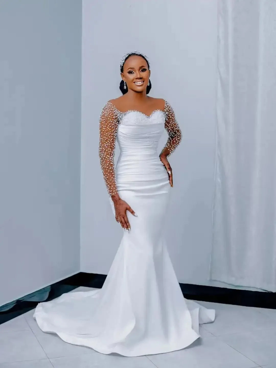 Customized Sparkly Pearls Beads Luxury Sheer Neck Mermaid Wedding Dress Vestido De Casamento Long Sleeve Stunning Bridal Gowns