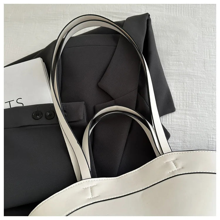 Solid Color Soft Leather Handbag Women Single Shoulder Tote Bag, Large Capacity Commuting Set Handbags Shopping Cross Body Bags