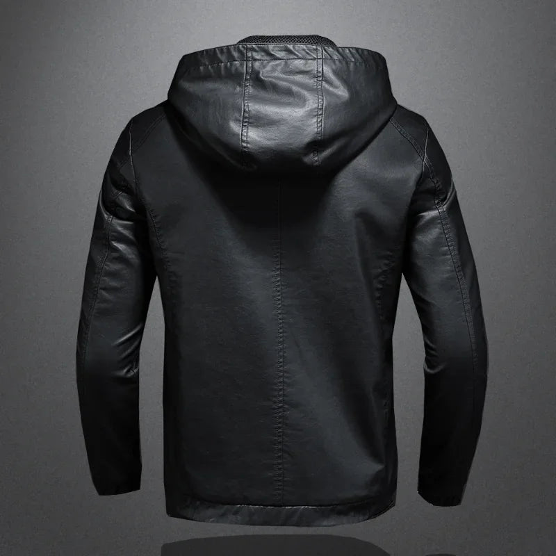 Minglu Hooed Black Pu Mens Leather Jacket Spring Autumn Long Sleeve Slim Fit Solid Color Faux Leather Zipper Male Coats 5XL