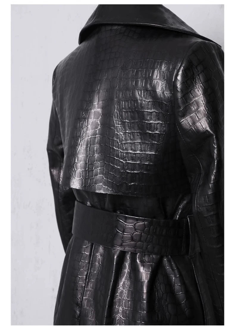 Lautaro Autumn Long Shiny Reflective Patent Faux Leather Trench Coat for Women Belt Double Breasted Luxury Designer Clothes 2023