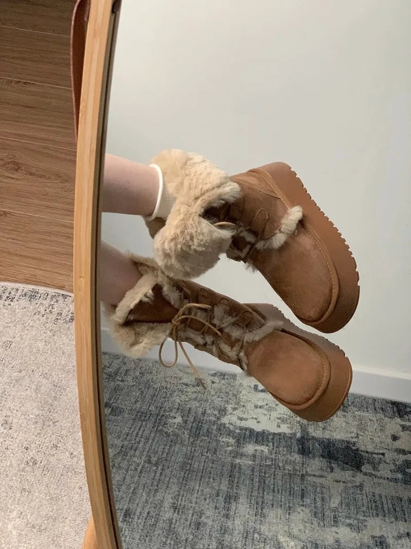 Retro fur integrated warm snow boots for women in winter 2025, new thick soled and plush thick anti slip cotton shoes