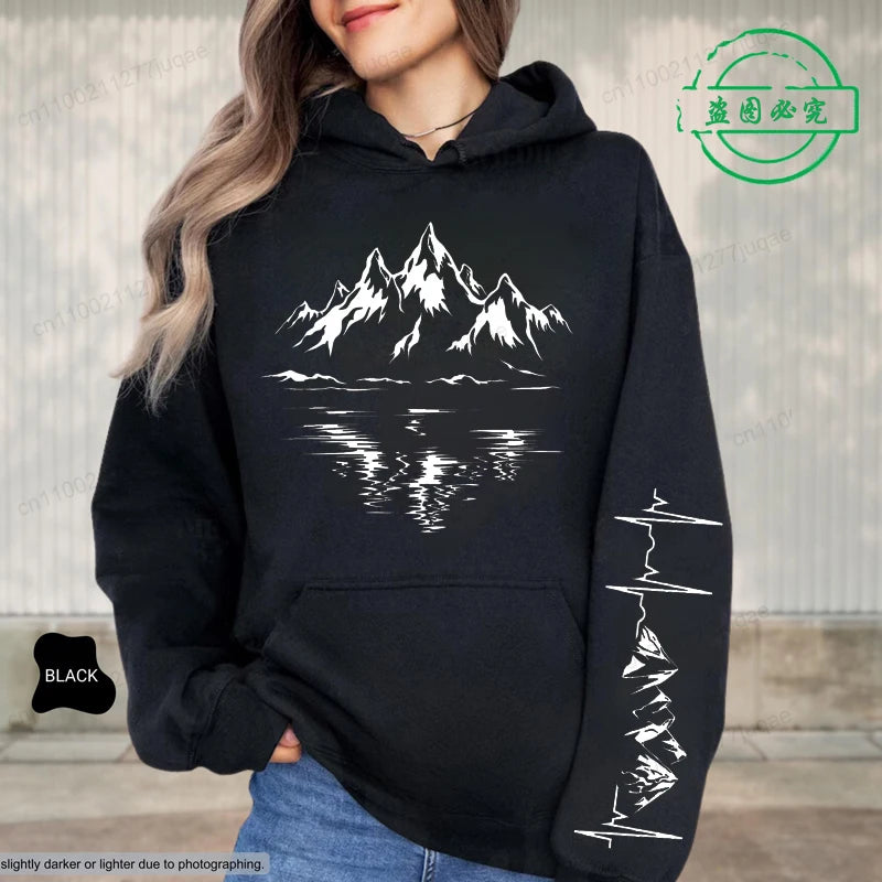 Mountain Print Women Hoodies Outdoor Climbing Hiking Graphic Hoodies Long Sleeve Top Outdoor Lovers Women's  Hooded Sweatshirts