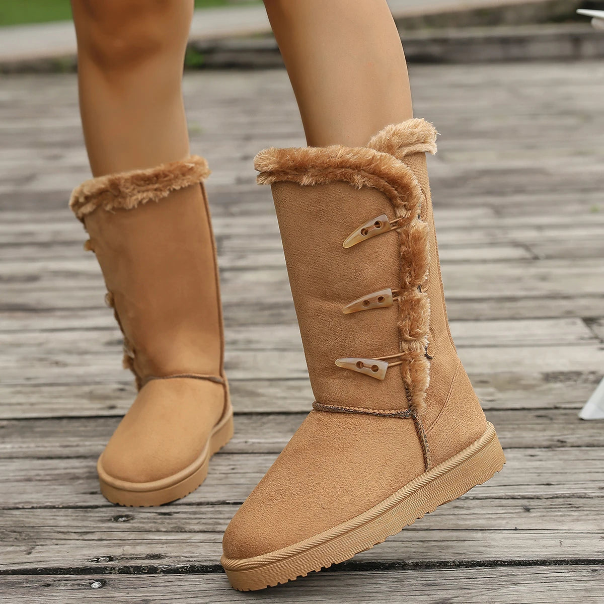 Women Snow Boots Winter Mid-calf Boots Warm Cotton Shoes Fashion Solid Color Button Ladies Brown Long Boots Plus Size 42