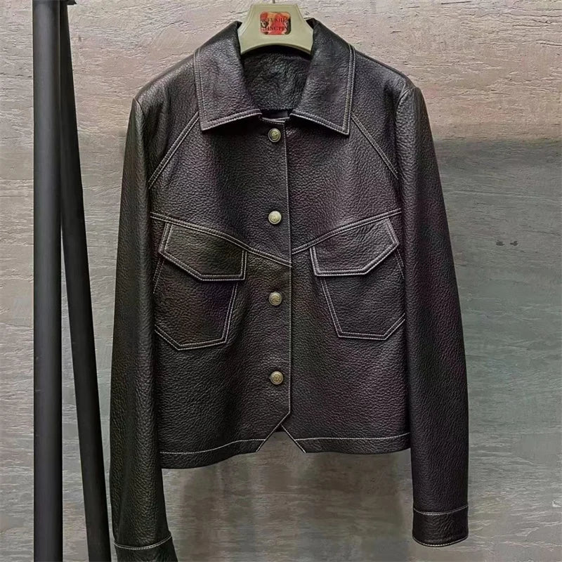 2026 Short PU Leather Coat Women's Spring Autumn New Jacket Ladies Fashion Outerwear Western Style Lapel Overcoat Leather Jacket