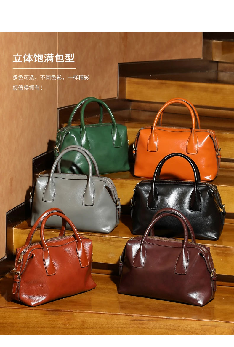 BURMINSA Genuine Cowhide Leather Handbags For Women Retro Pillow Top Handle Bags Bowling Daily Work Crossbody Shoulder Purses