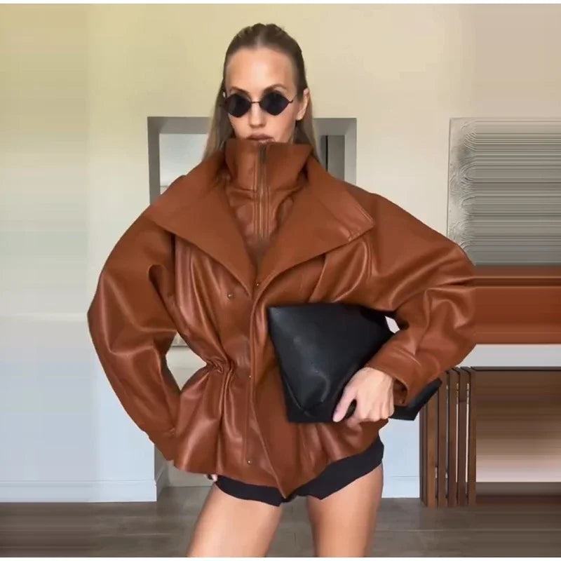 Fashion Solid Faux Leather Women's Jacket  Lapel Waist Cinching Loose Long Sleeves Coat Chic 2026 Spring Autumn New Street Wear