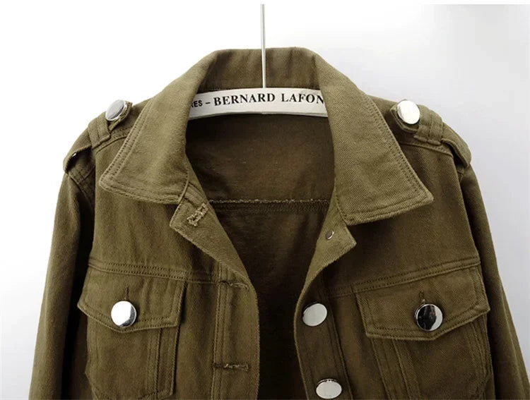 Spring Vintage Army Green Black Khaki Denim Jacket Women Hem Belt Big Pocket Cowboy Outerwear Loose Short Jeans Jackets Female