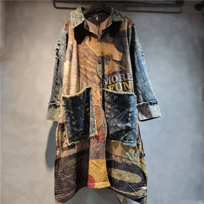 WTHT Colorful Print Spliced Denim Big Pockets Long Coat For Women 2024 Autumn Lapel Single Breasted Jacket Female 1LS215