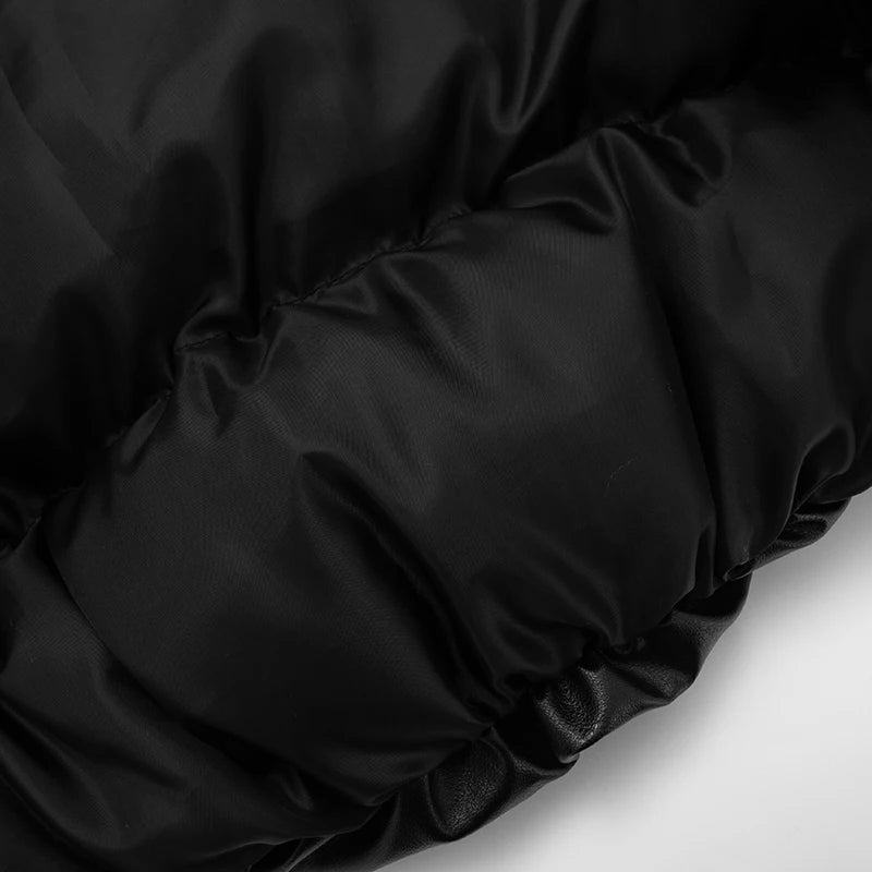 Kliou Faux Leather Puffer Coats Woman Winter Warm Trend Stand Collar Full Sleeve High Street Casual Fashion Style Crop Jacket