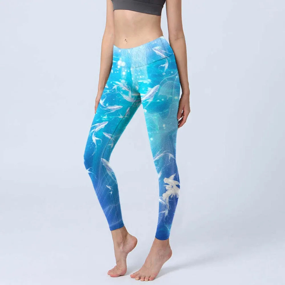 Women High Waisted Yoga Pants Tummy Control Leggings Floral Butterfly Landscape Printed Workout Gym Fitness Running Tight Pants