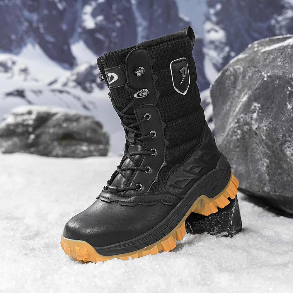 Men's Winter Snow Boots Waterproof Insulated Hiking Boots High-Top Outdoor Shoes with Warm Knit Collar, Anti-Slip Rubber Sole, C