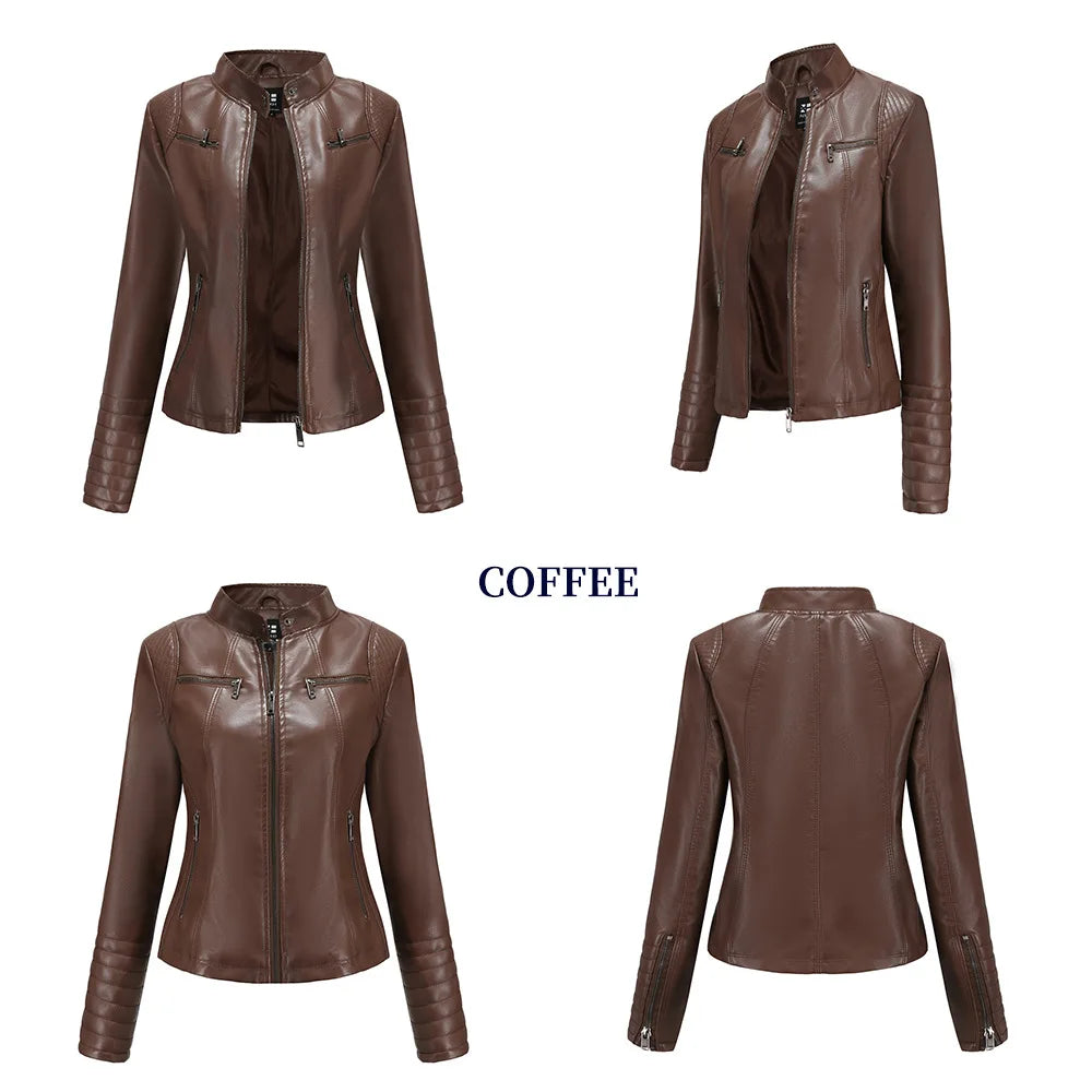 2026 New Women's Slim Leather Jacket, Stand-up Collar, Zipper Stitching, Monochromatic PU Coat, Fashion Clothing.