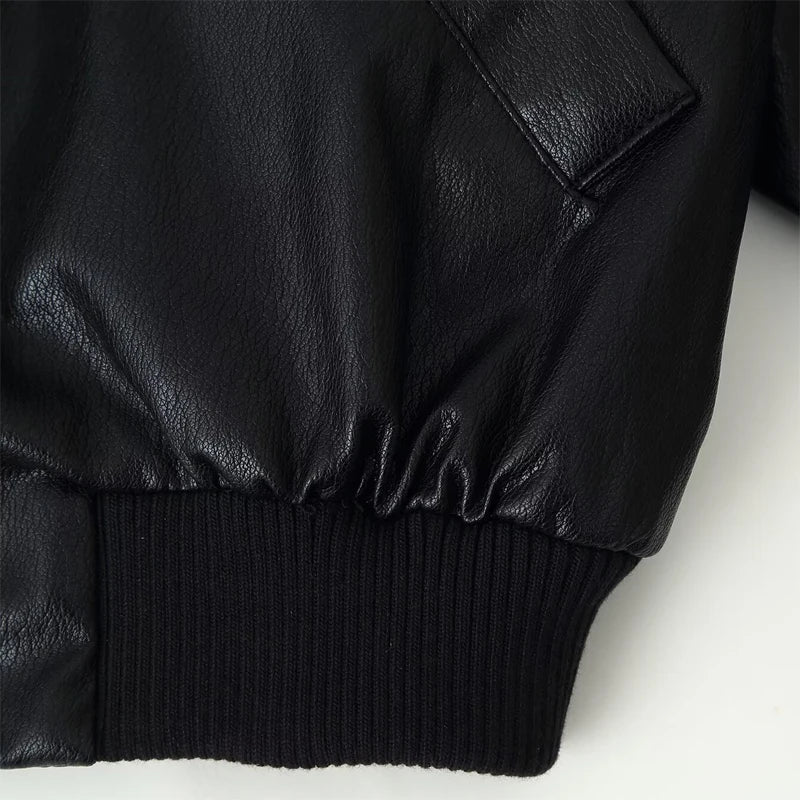  Women's Faux Leather Bomber Jacket Black Stand Collar Cropped Loose Vintage Outerwear 2026 Autumn Lady Street Chic Casual Coat