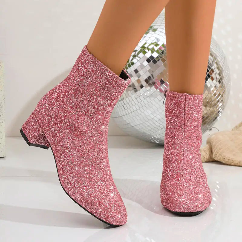 Luxury Sequin Fabric Ankle Boots Women 2026 Autumn Designer Square Toe Side Zip Short Boots Sexy Shiny Medium Heel Party Shoes