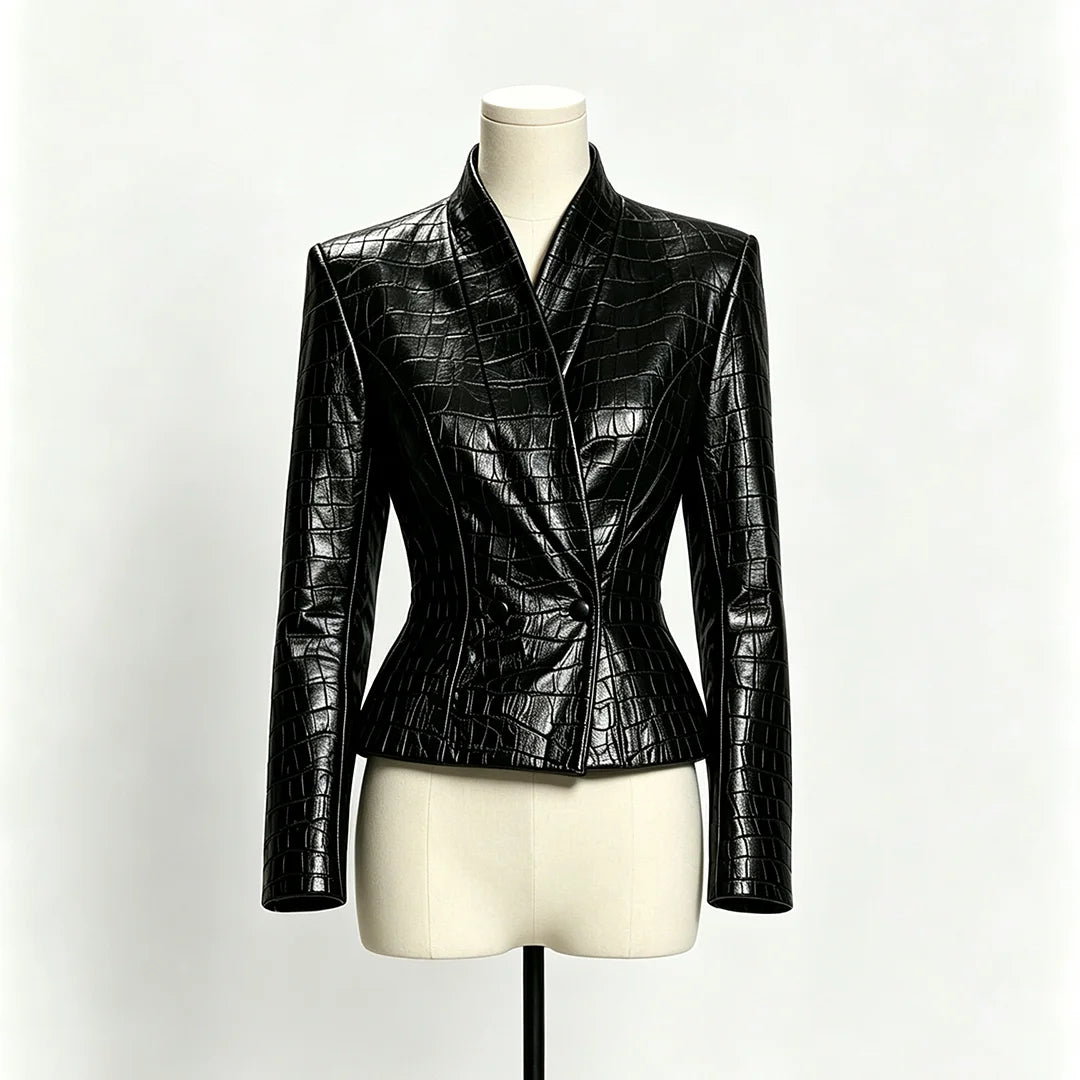 Laur Women Croc Faux Leather Blazer Jacket,Shoulder Pads Slim Waist Double Breasted Short Outerwear Autumn Winter 2026