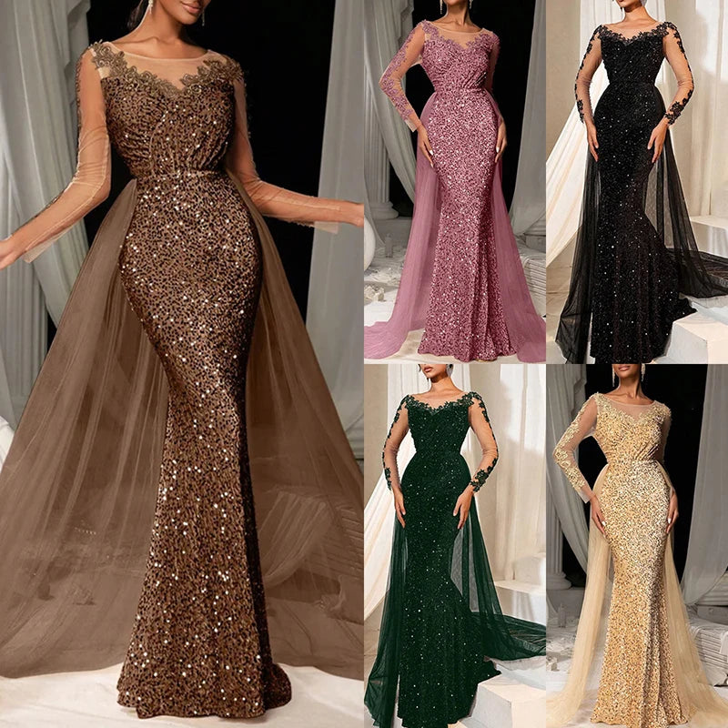 Luxury Long Sleeve Slim Dress Elegant V-neck Lace Sequin Mesh Spliced Evening Dress Fashion Solid Color High Waist Glitter Dress