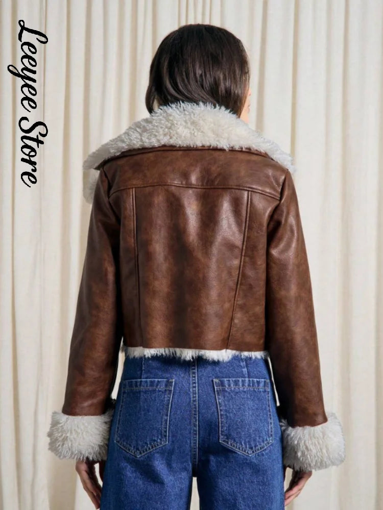 Women Brown Faux Leather Cropped Jacket  Lapel Collar Fur‑Trimmed Cuff Buckle Decor Zip‑Up Thick Warm Coat Lady Winter Outerwear
