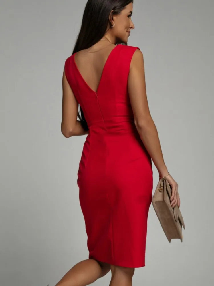 Summer Elegant Women Sexy Casual Sleeveless Office Mini Dress Fashion Solid Color V-neck High Waist Tight Side Split Dresses