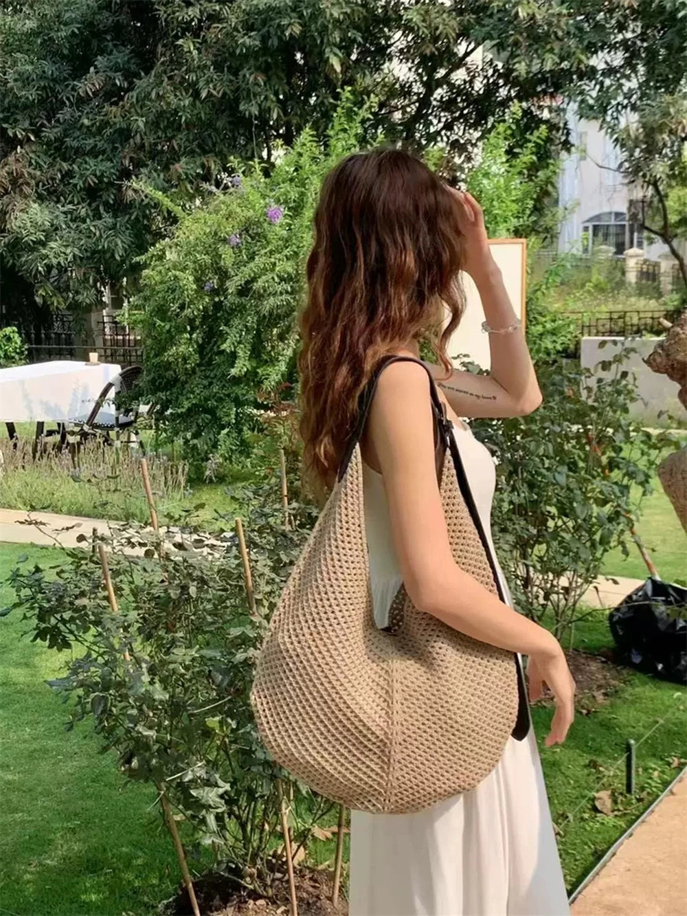 Lattice Large Capacity Woven Bag 2025 Spring Summer New Women's Beach Vacation Single Shoulder Simple Versatile Casual Tote Bags