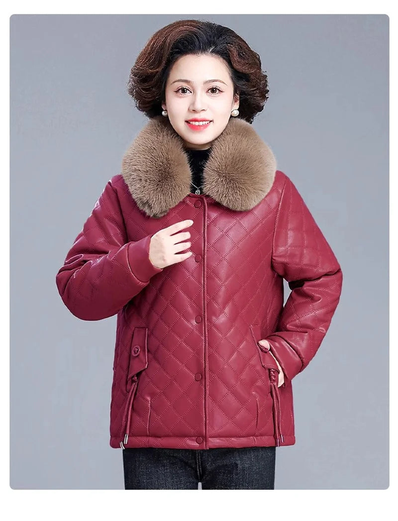 High End Middle Aged Women's Leather Jacket Winter New Thicken Warm Big Fur Collar Faux PU Leather Coat Female Outerwear 5XL