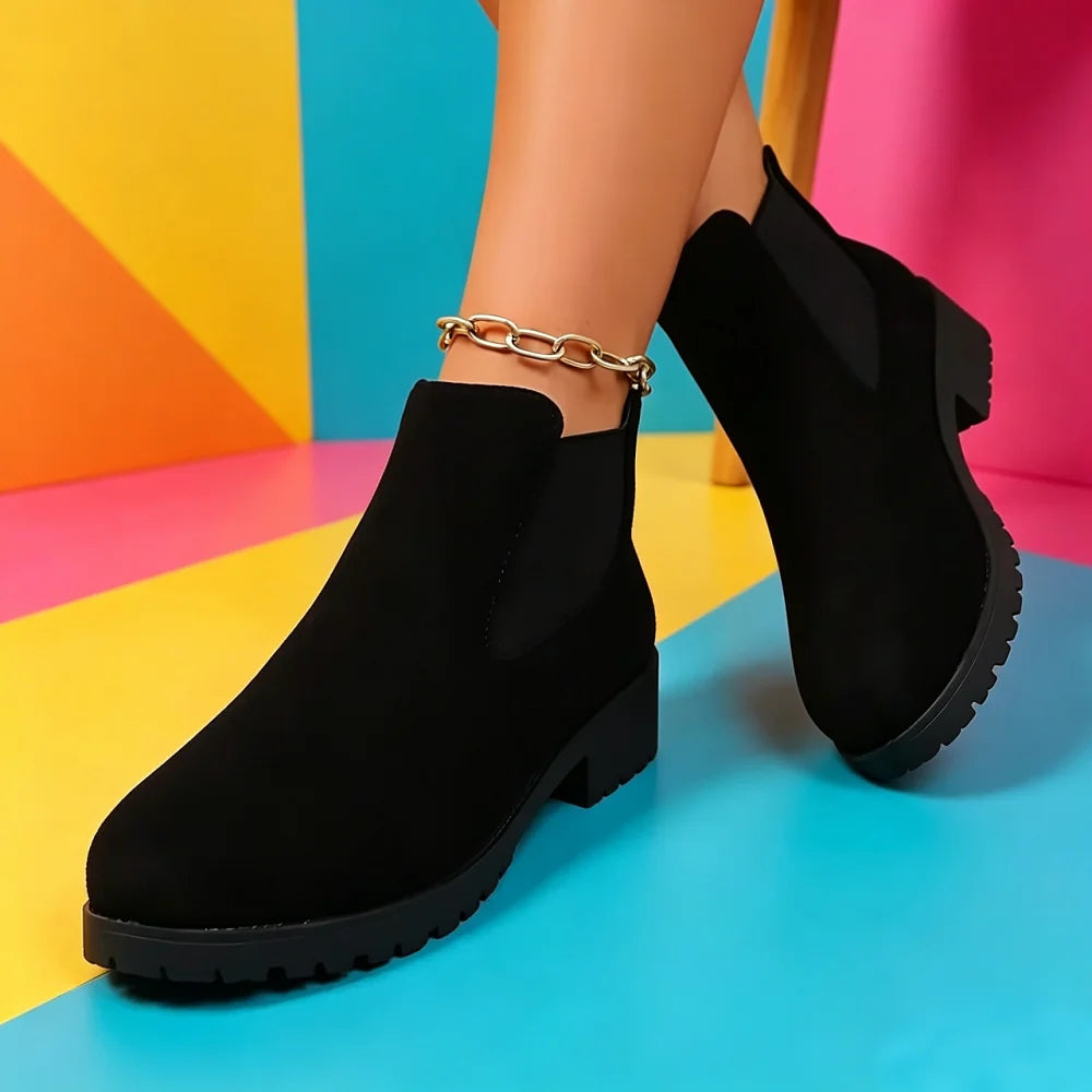 Women Suede Chelsea Boots Thick Sole Elastic Side Non Slip Casual Footwear All Season Daily Wear Comfortable Fit Chunky Design