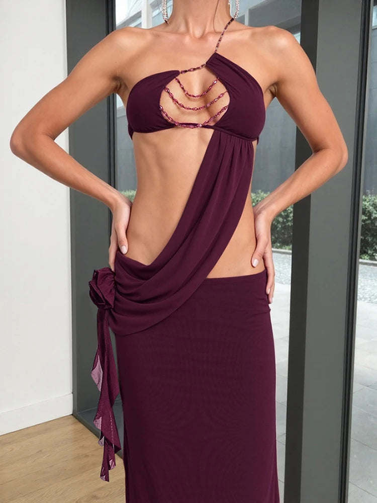 Nibber Birthday Party Dress Women Sexy Patchwork Hollow Side Flowers Chest Wrap Pearl Chain Halter Backless Stretch Vestidos